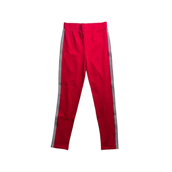 HIGH-RISE SKINNY RED LEGGINGS W/ CHECKERED SIDE TRIM • SIZE M - Picture 3 of 5